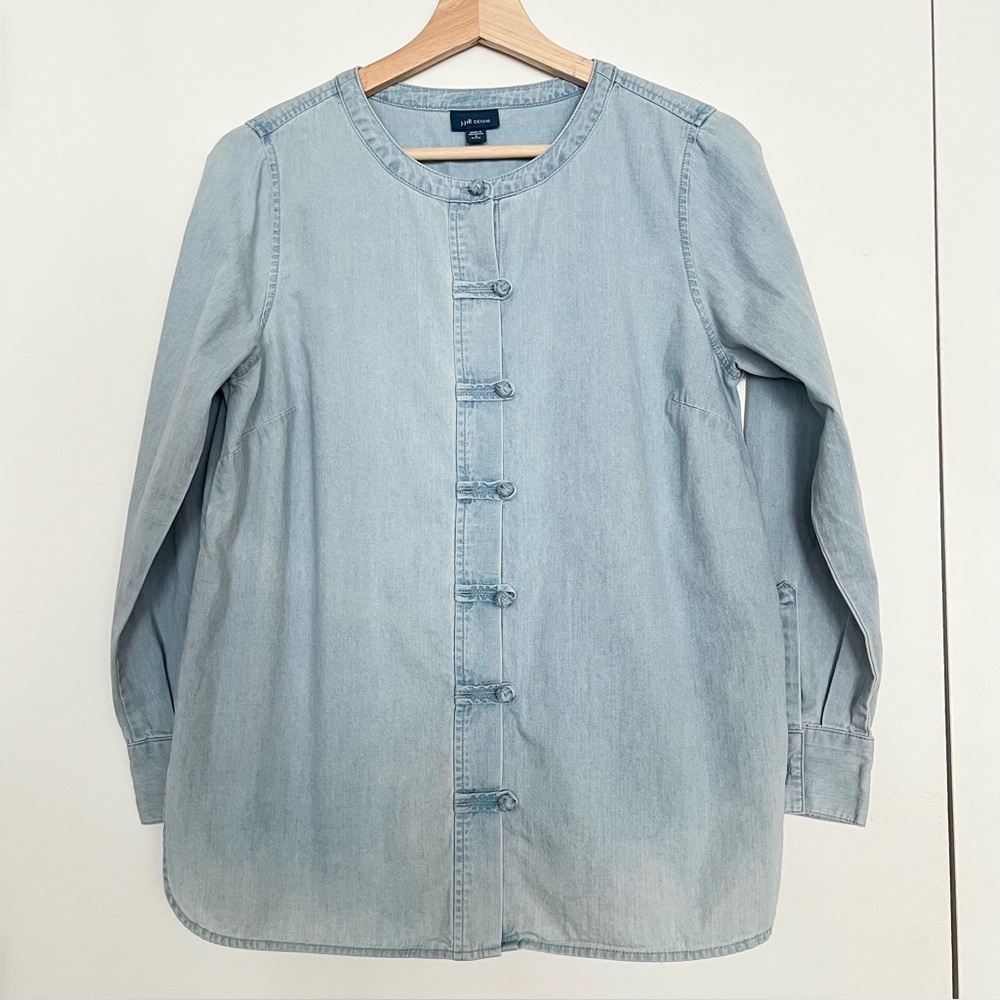 J.Jill Denim Women's Blouse S Petite Light Blue Traditional Chinese Knot Buttons